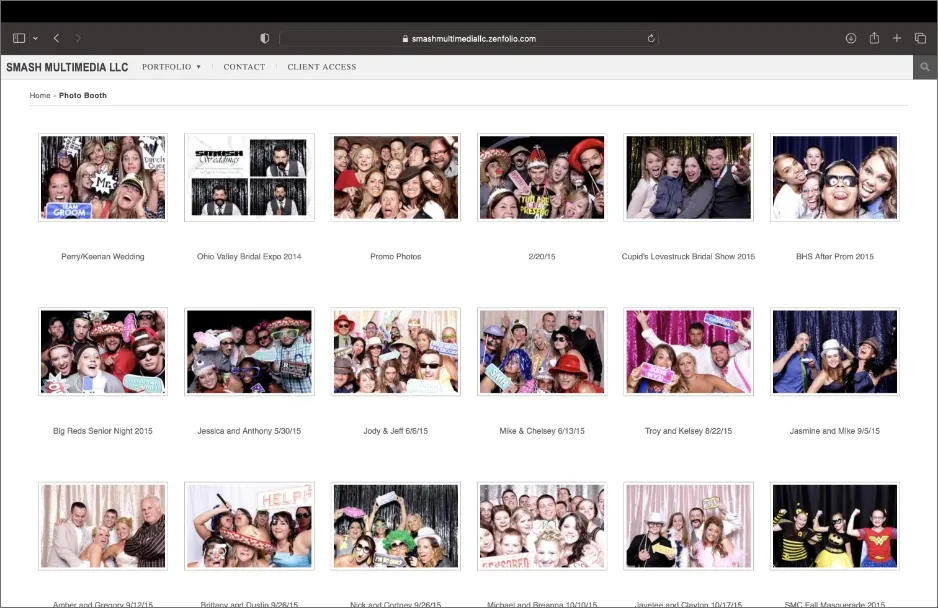 Zenfolio online gallery showing photo booth pictures from events