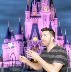Guest posing with green screen tropical background